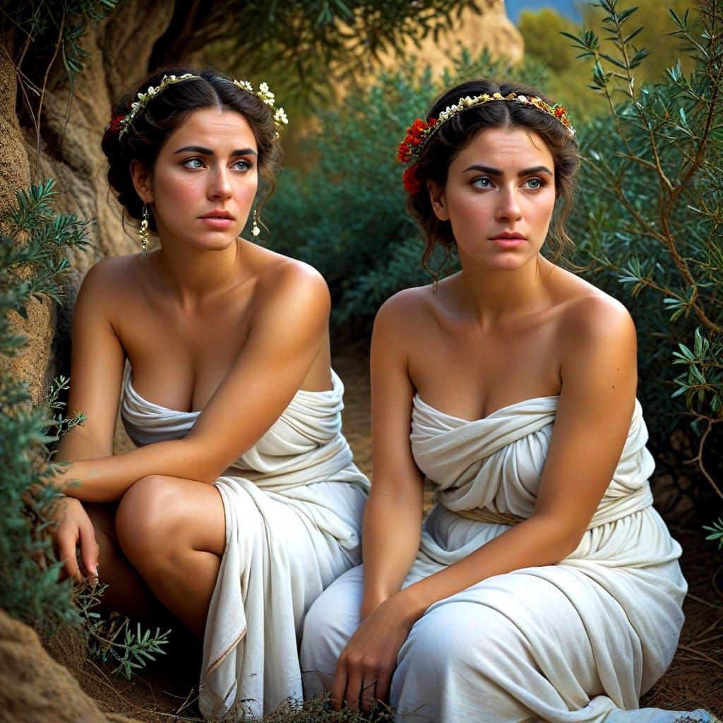 Two Ancient Greek Women in Togas, Vibrant Colors of Ancient...