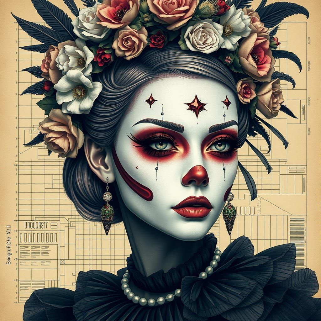 Elegant Futuristic Queen in Artistic Blueprint Style