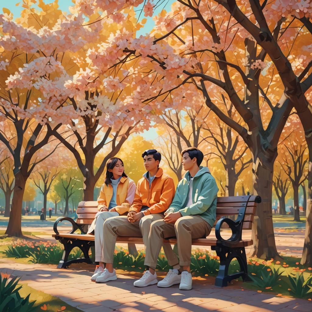 Friends in a Sunny Park, Low-Poly Art