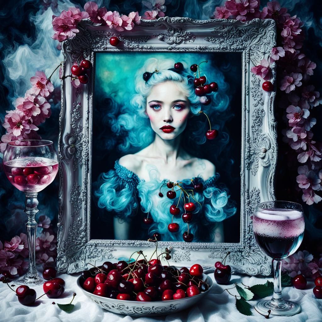 "Still Life with Portrait, Cherries, dreamy, Alcohol Ink, Mo...