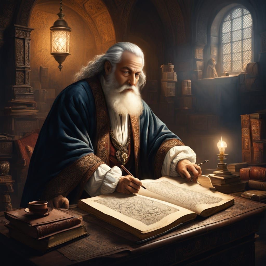Wise Scholar Contemplates Ancient Scroll in Lamplit Study