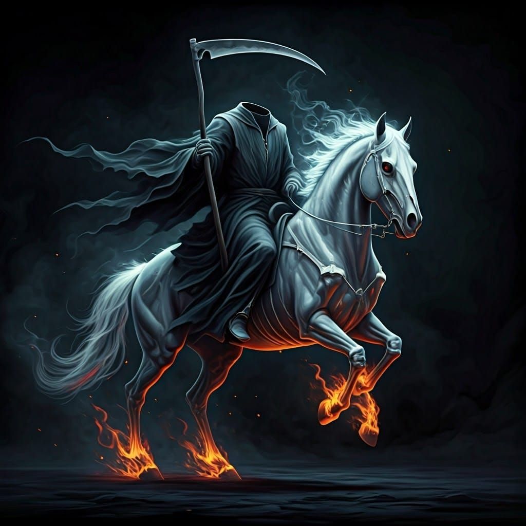 headless horseman riding a skeletal horse both figures formed of swirling white smoke and flickering ...  by @Keoni 