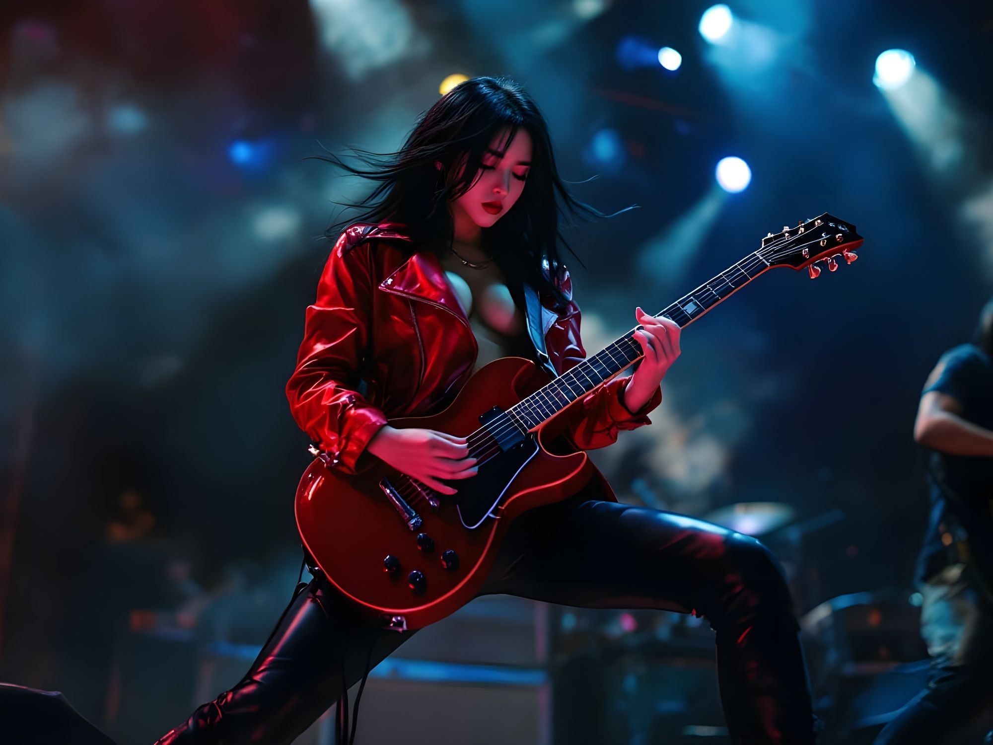 A beautiful Japanese girl wearing red leather playing an electric guitar on stage with a rock band, Cinematic film still, shot on v-raptor X...