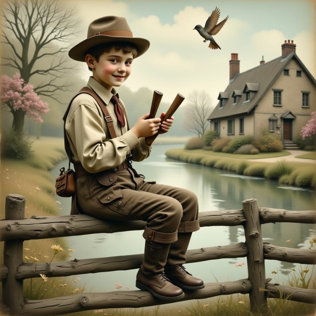 <lora:french vintage:1.0> A boy in pants with suspenders sits on a wooden fence and shoots sparrows with a slingshot. In the distance you ca...