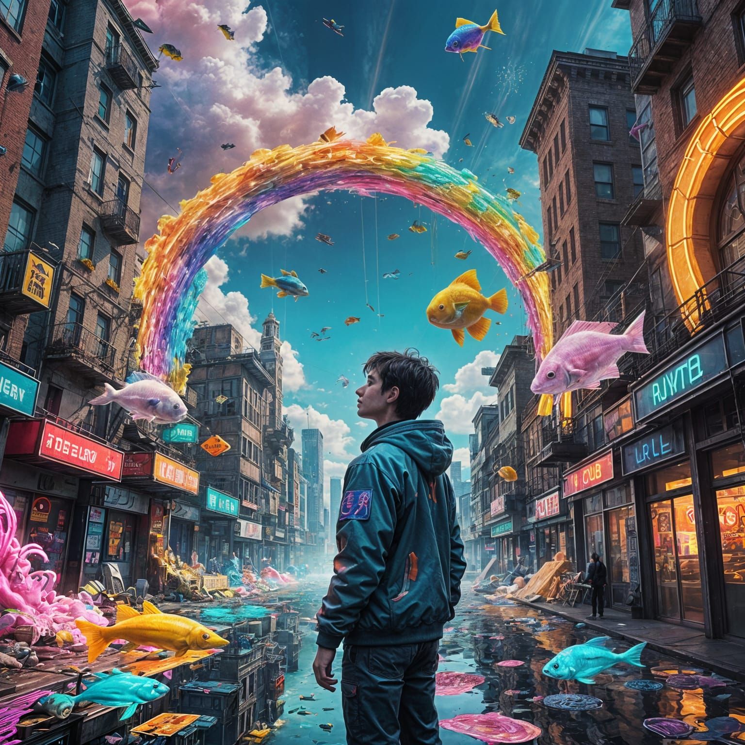 a surreal colorful glitchcore scene where time is broken, a character stands in a distorted city filled ...  by @theArchairez