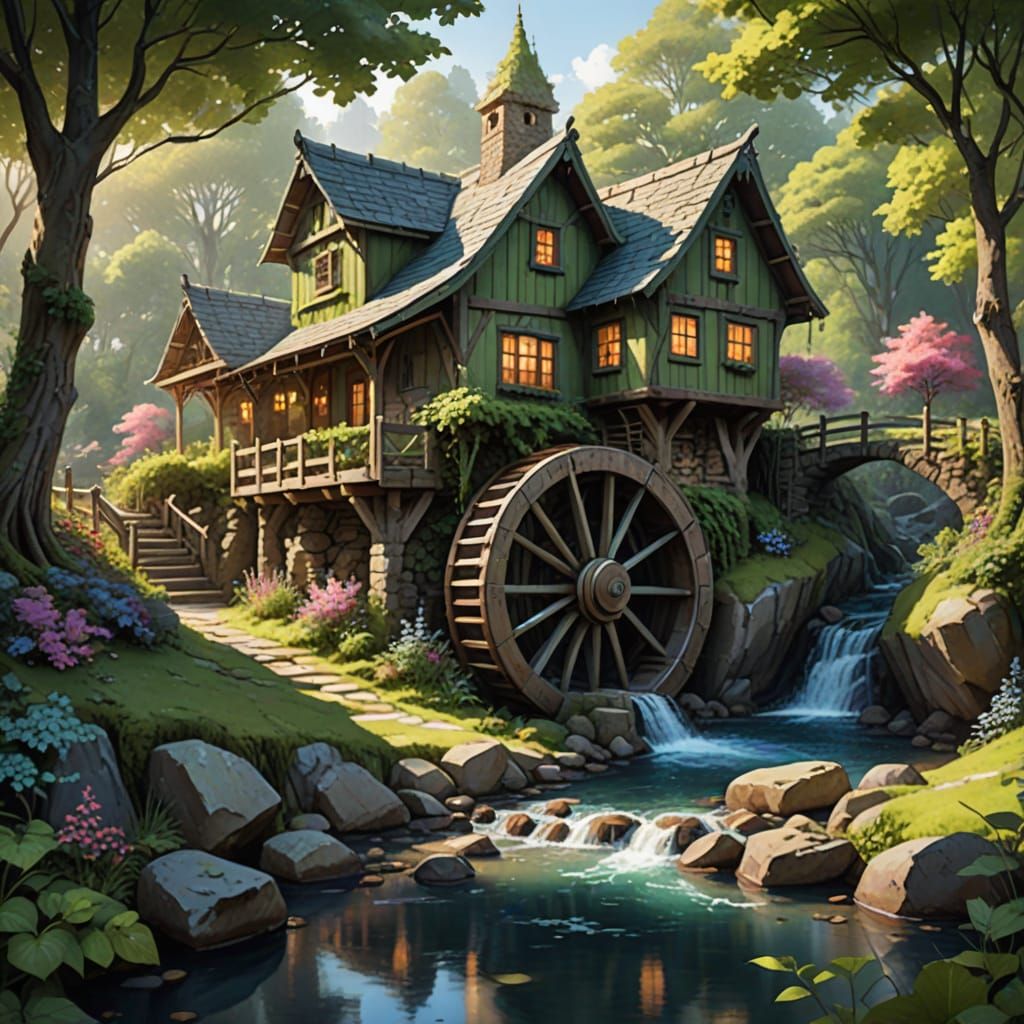 envision a rustic waterwheel beside a quaint, ivy-covered cottage nestled in a lush, green valley. The ...  by @Maria Simoes Coelho