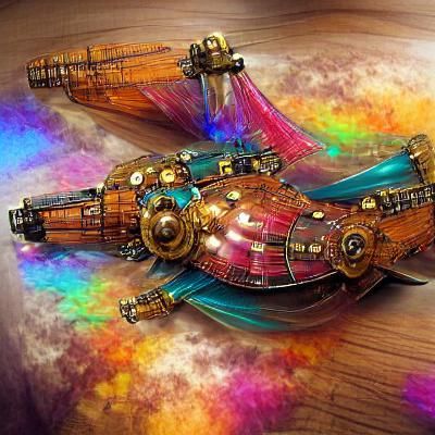 beautiful steampunk star-cruiser in colorful hyperspace