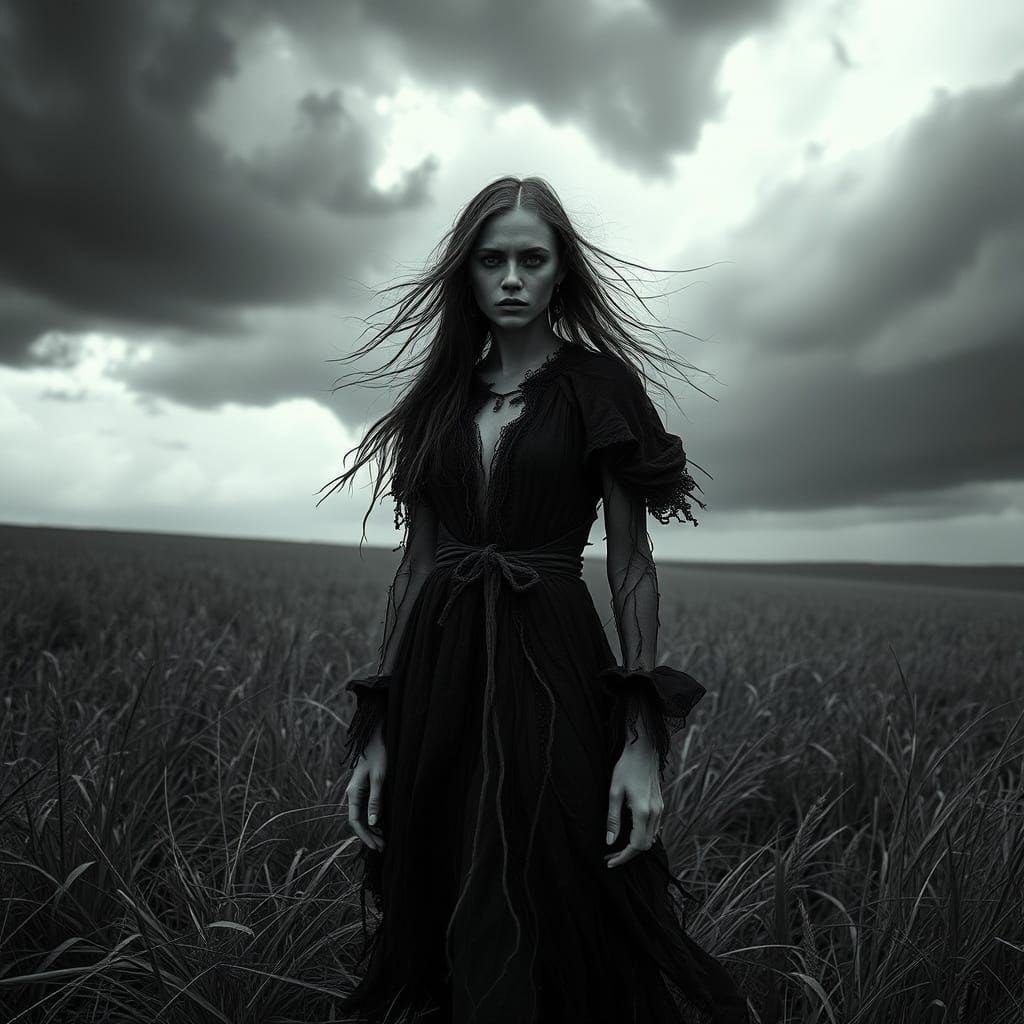 A hauntingly ethereal woman stands alone in a desolate, wind-swept field beneath a storm-laden sky. Her gaunt face, with hollowed eyes and h...