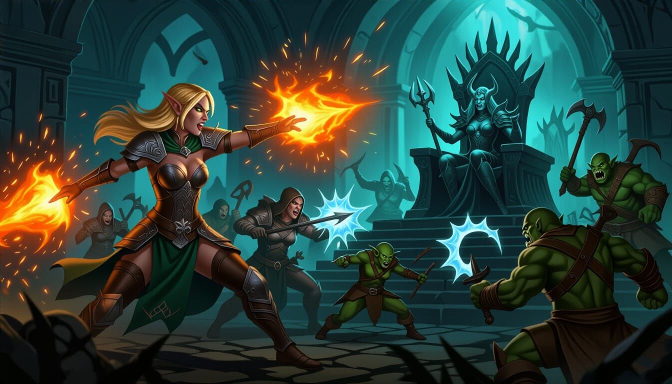 Epic dark fantasy fusion in Waterdeep's shadowed spires or Underdark's cavernous depths: blonde elf warrior hurls crackling firebolts, comma...