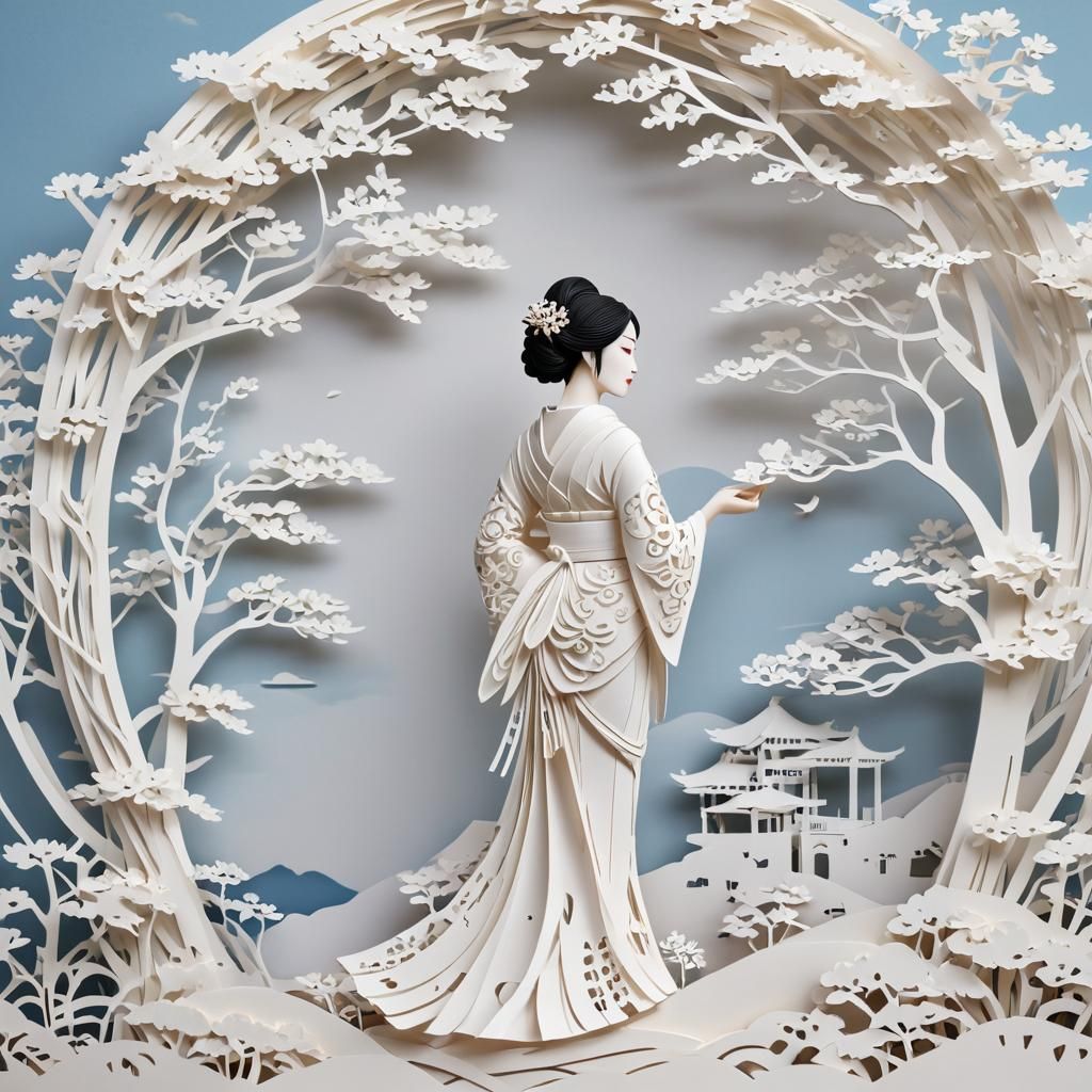 Beautiful Geisha, Kirigami Paper Cut Art  by @Jane77755