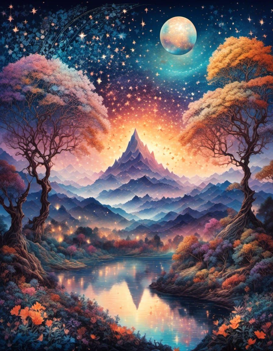 A beautiful elegant fantasy artwork of a grand and intricate shining iridescent Fantasy mountain landscape with colorful trees and a luminou...
