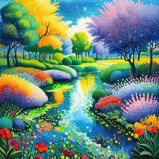 <lora:ColorfulPointi15:1.0> Village flowers trees lake beaut...