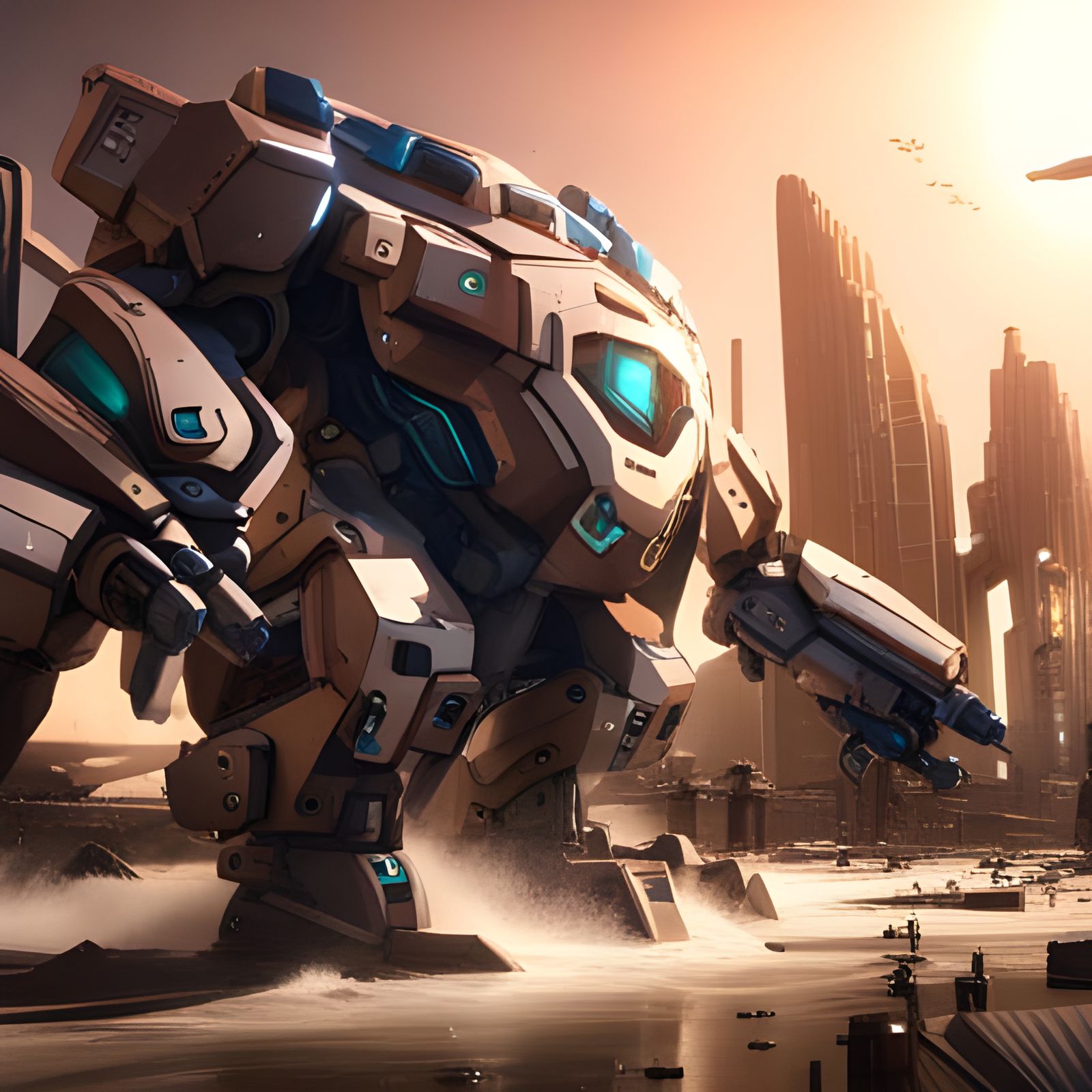 Mecha lion in the middle of a city flooded by desert sands, ...