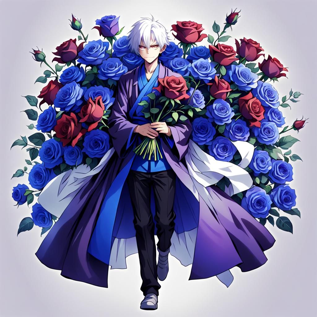 boy with white hair is wearing a purple robe and holding a h...