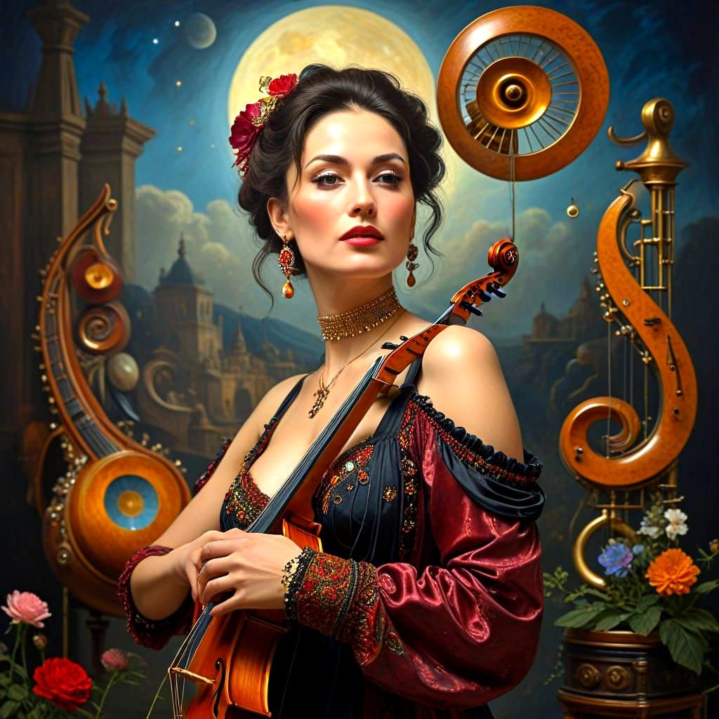 Eccentric Lady Serenades in Vibrant Surrealism