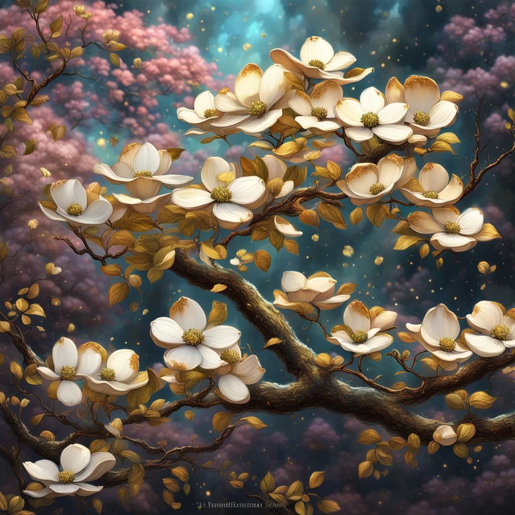Dogwood blossoms; gold flecks; Speedpaint with large brush s...