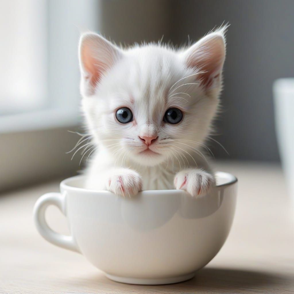 Cute Kitten Peeks Out of Porcelain Cup