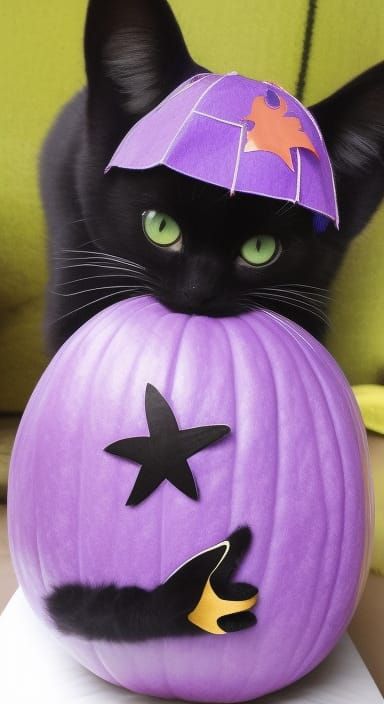 Cute Black cat on a pumpkin witch costume purple star