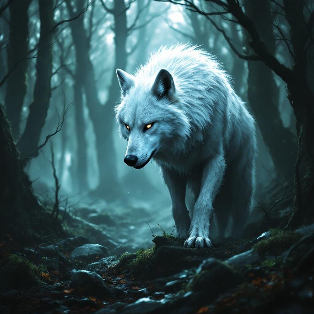White Wolf in Ominous Forest: Digital Painting