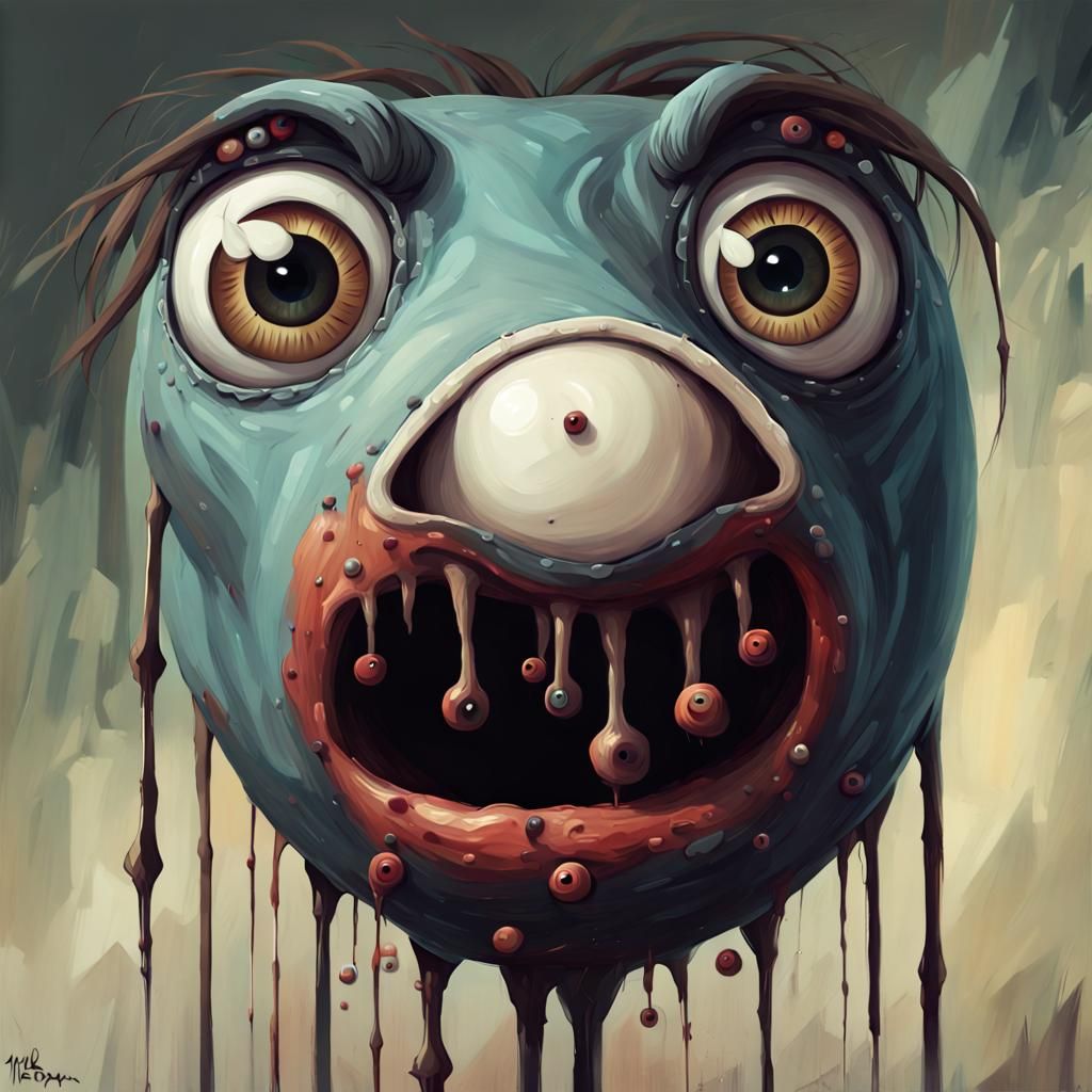 A painting of an animal with eyes sticking out of it's mouth, inspired by Tim Biskup, lowbrow, Sergey Kolesov, creepy, HD, 4k, horror, many...