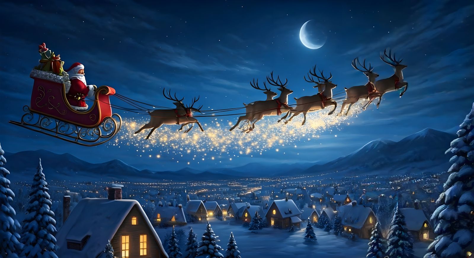 Santa's reindeer sleigh flying in the night sky bring Santa, scattering magical golden fairy dust onto ...  by @The Peaceful Hour