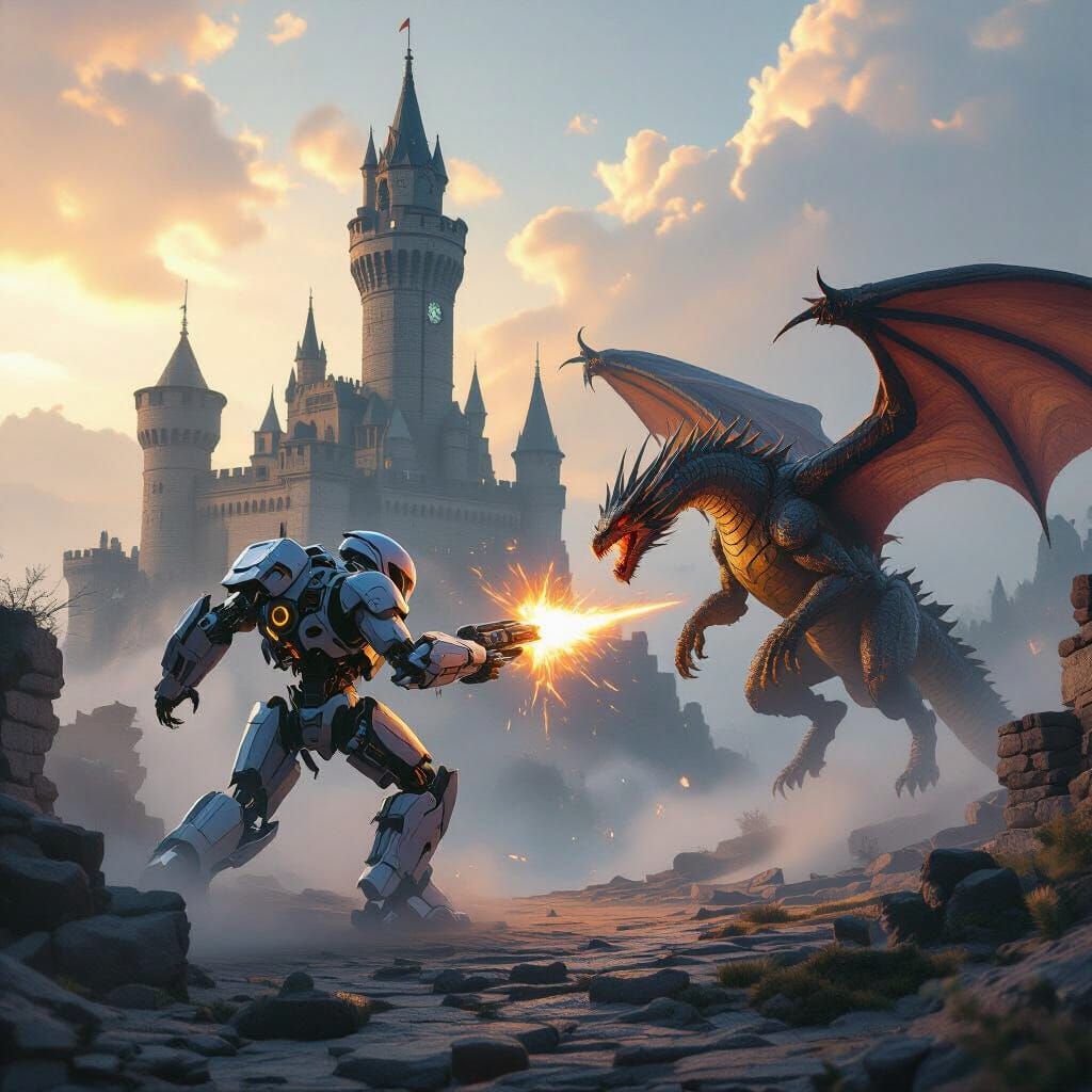 Sci-Fi Robot Fights Fantasy Dragon in Epic Digital Painting