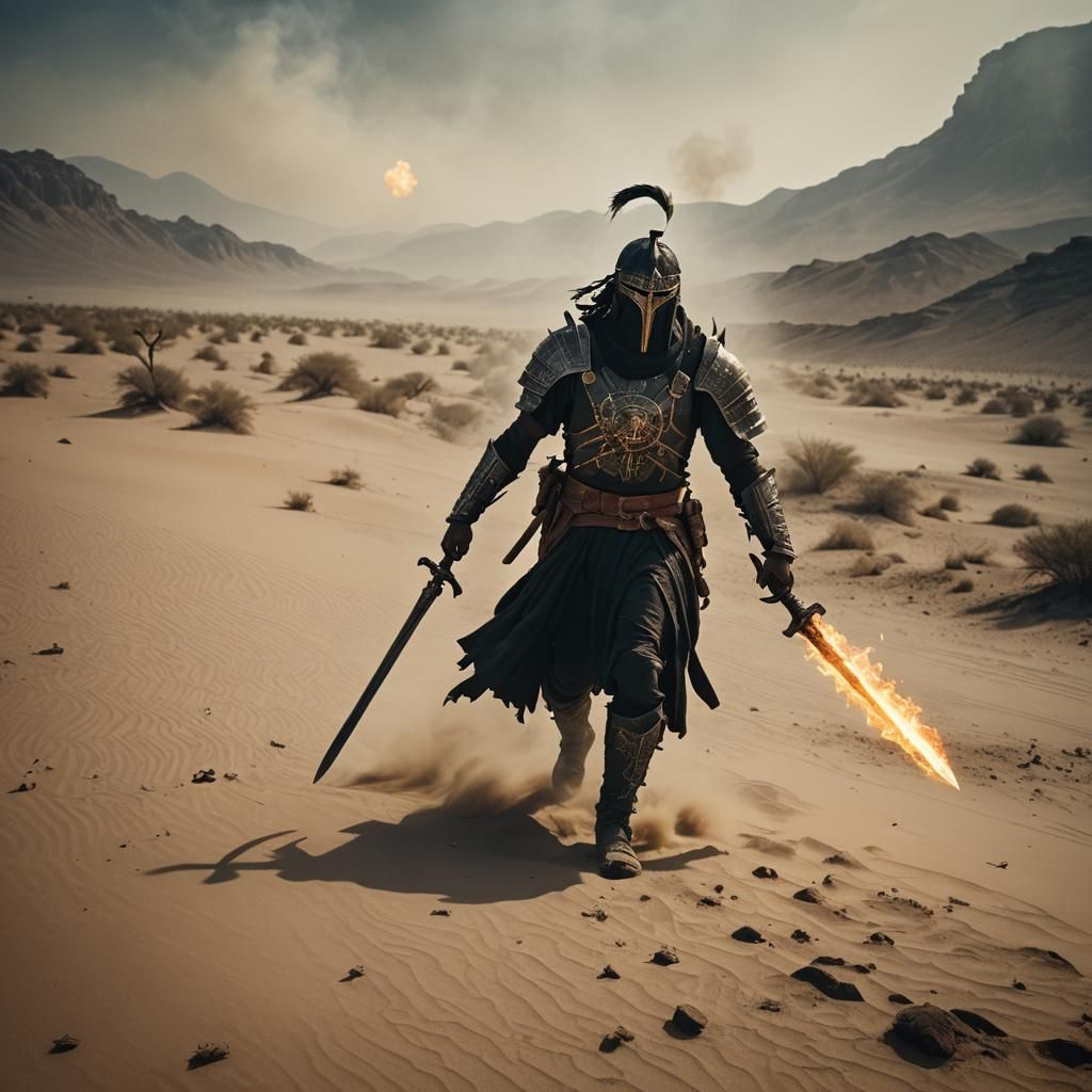 mythical black warrior walking in a dusty desert with a burn...
