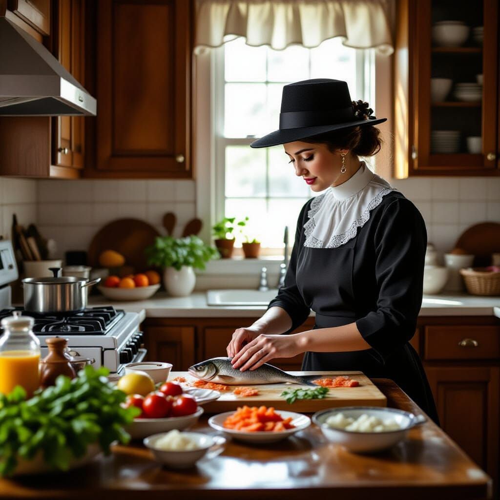 Haredi Woman Prepares Gefilte Fish, Photorealistic Style