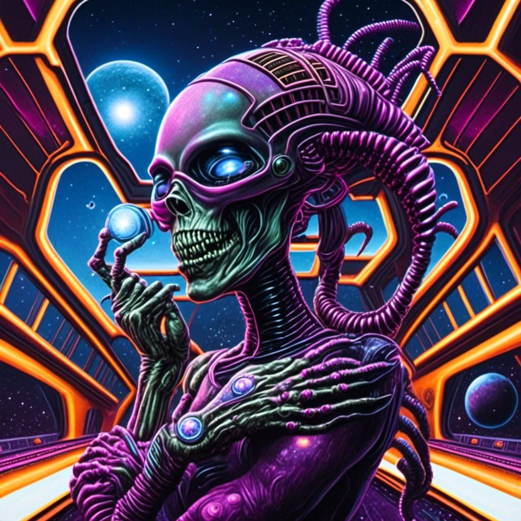 zombie alien with visible musculature, grooves, geometric headpiece, holding futuristic cell phone, sitting in alien space car on bridge ove...