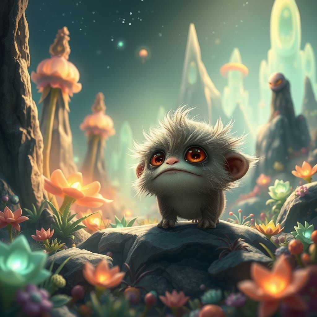 A tiny, cute monster with big, expressive eyes and fluffy fur, exploring a vibrant, alien landscape filled ...  by @Ann
