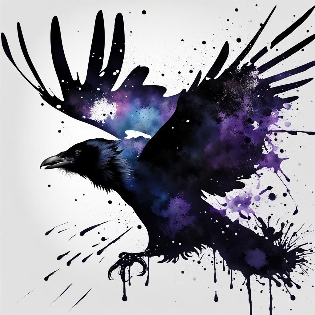 Ink splatter art of a raven taking flight  by @Fritholf