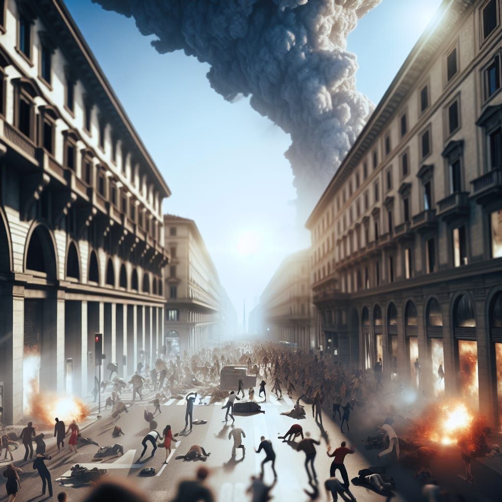 hyperrealistic nuclear disaster in Milano view from the street causing panic and devastation