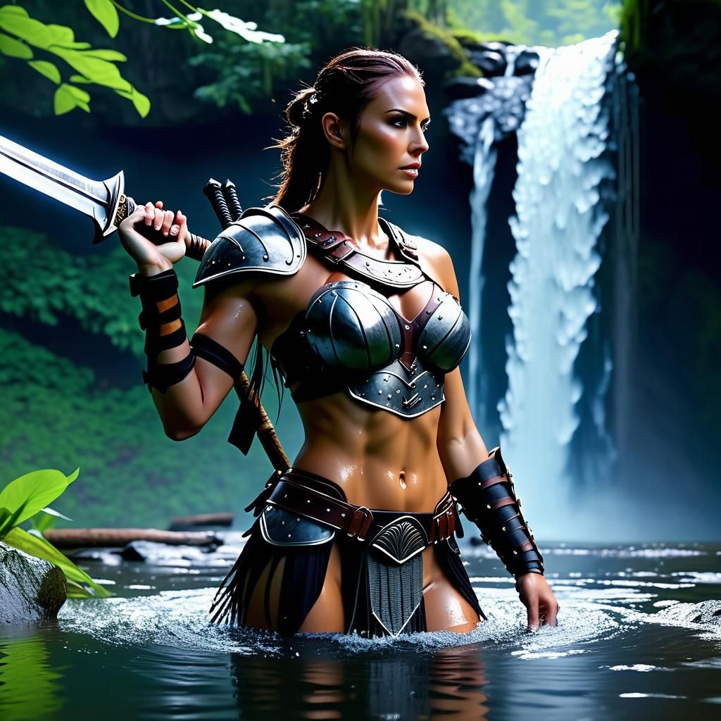 A beautiful female warrior takes off her armor and weapons t...