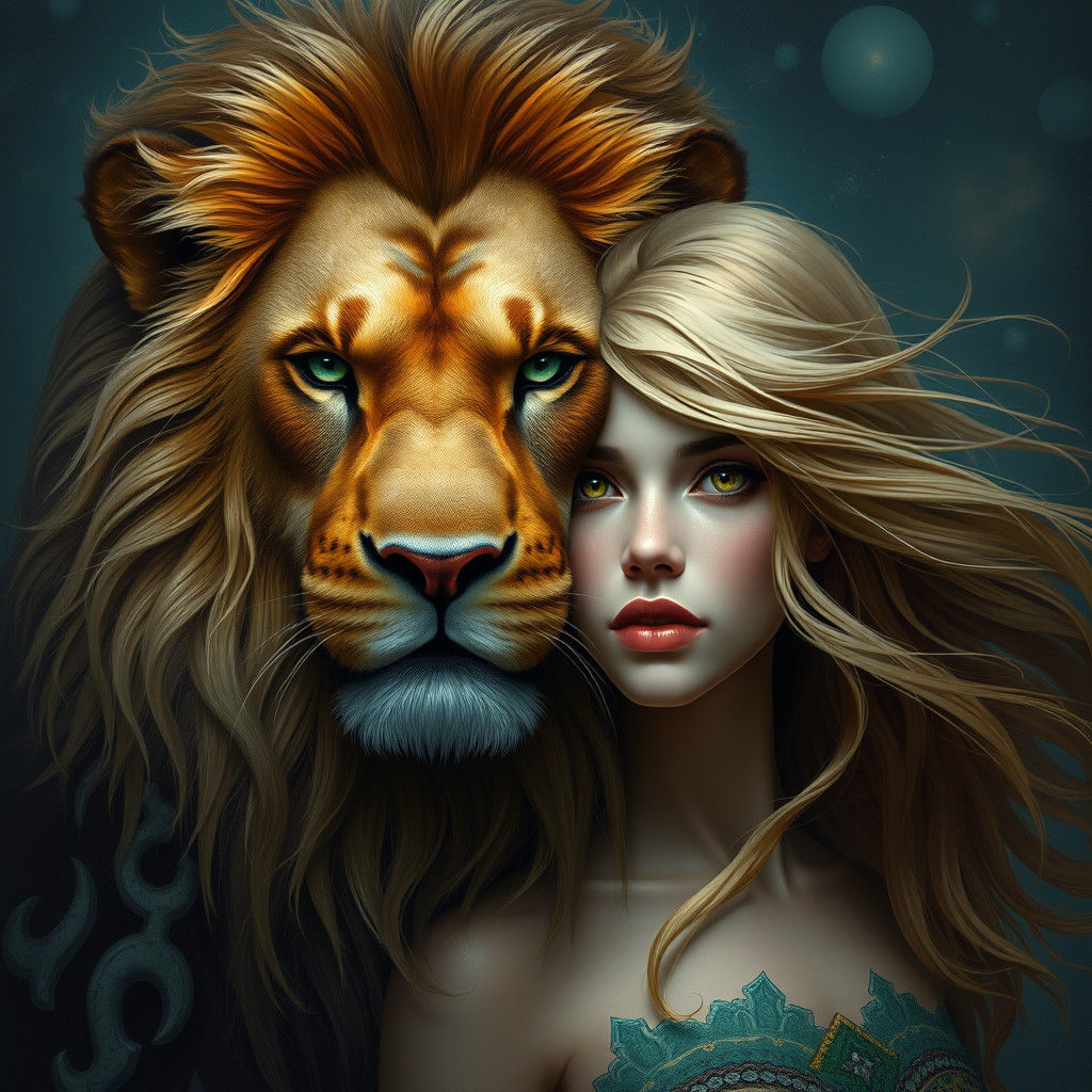 Lion and Golden Haired Woman in Fantasy Realm