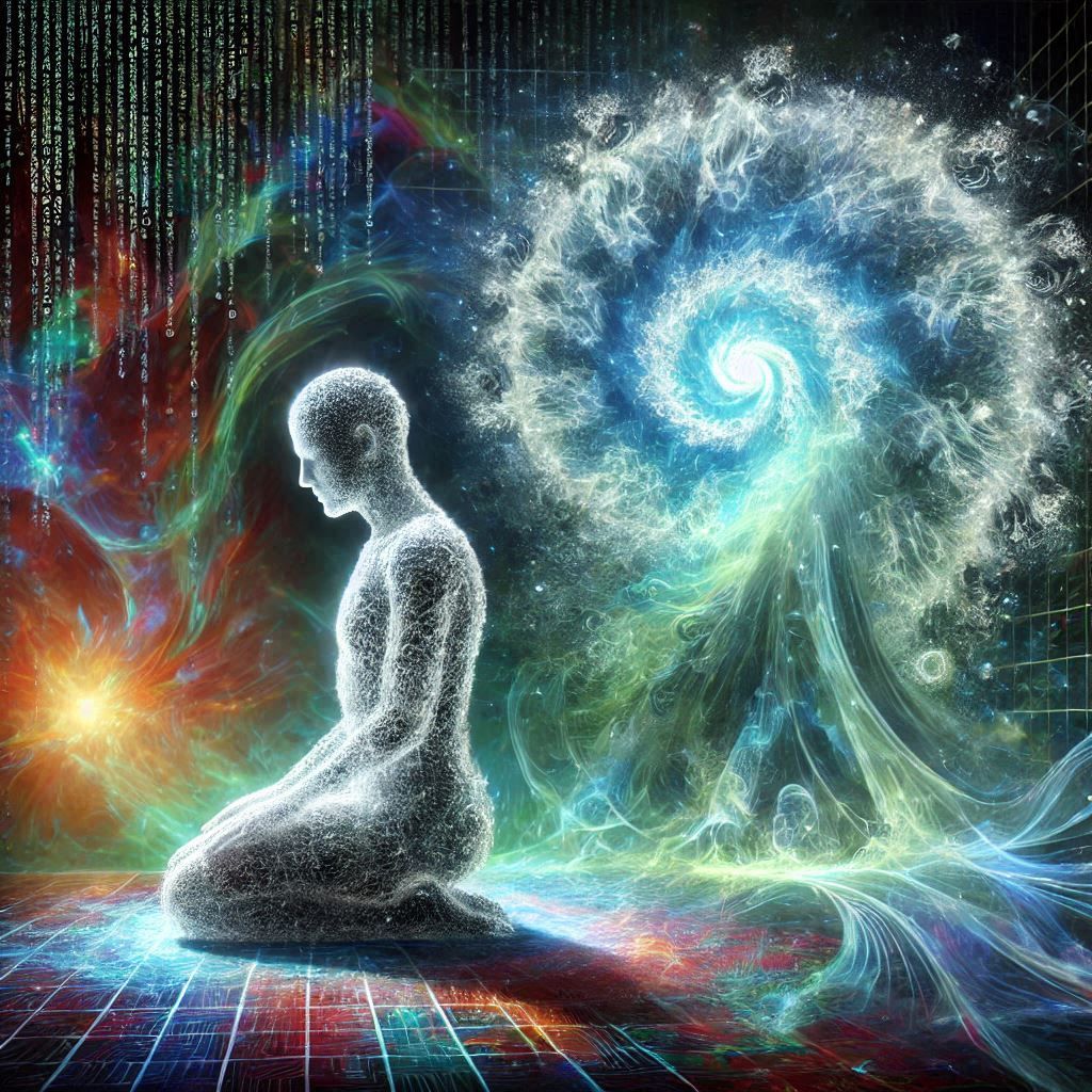 A kneeling, crystalline robed figure