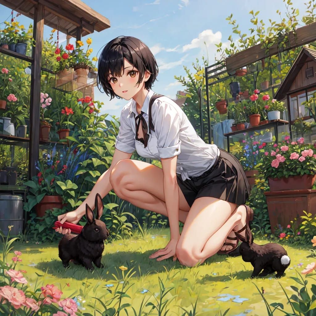 Moon and her rabbits in the garden