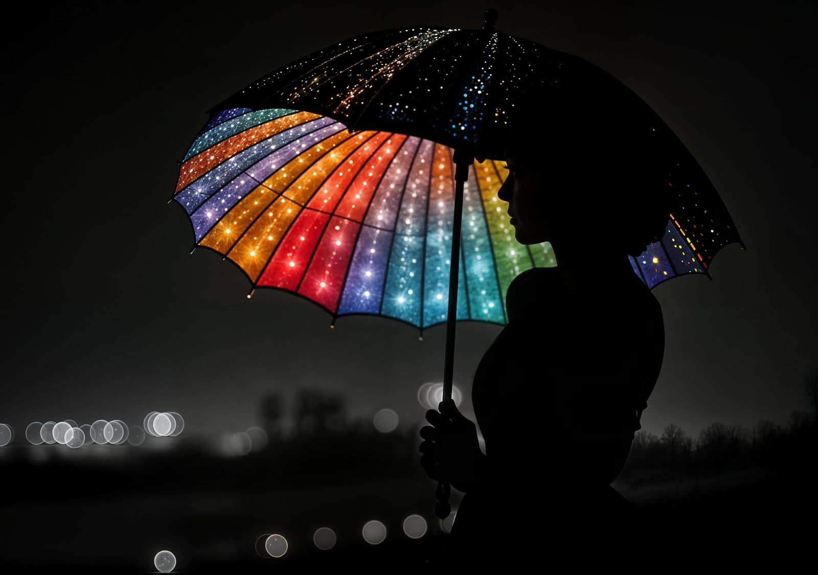 Woman with Fabergé Glass Parasol in Surreal Landscape