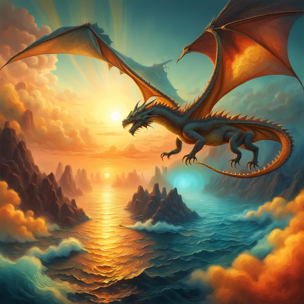 Дракон над морем в лучах восхода попал под прицел пришельцев
 detailed matte painting, deep color, fantastical, intricate detail, splash screen, complement...