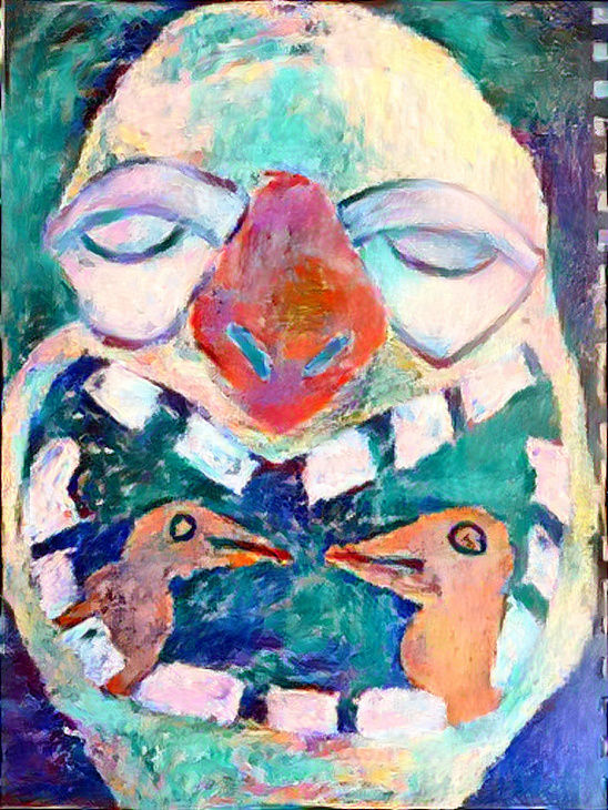 clown with birds in mouth