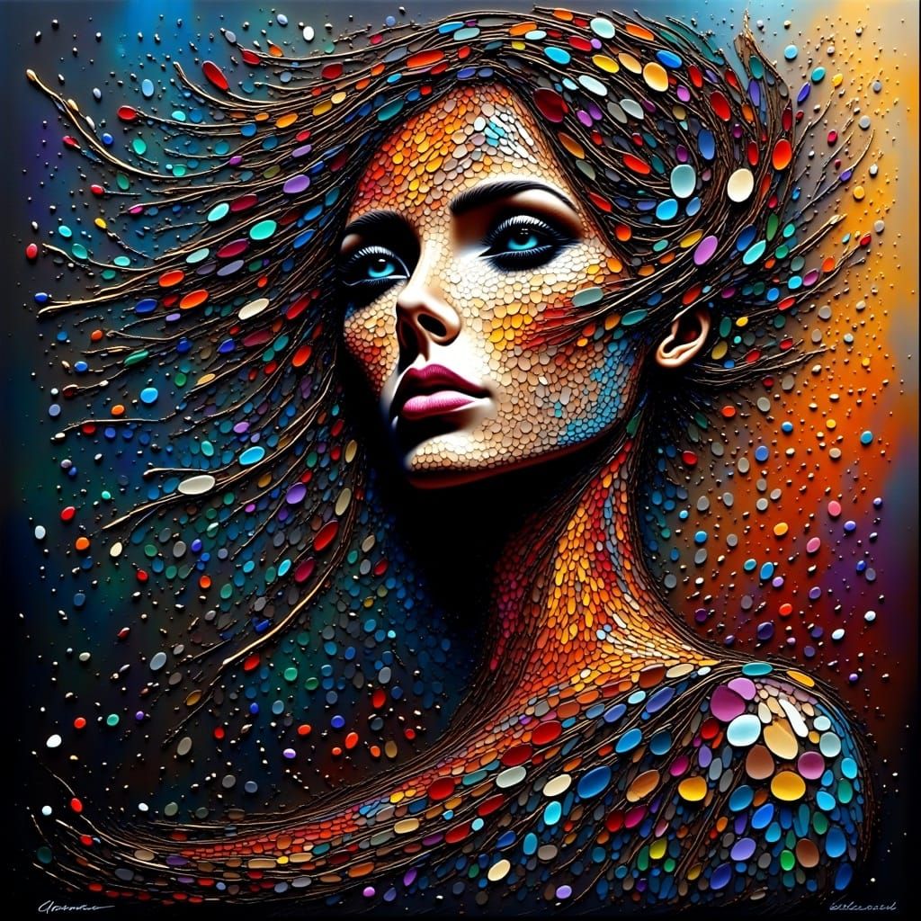 A woman's enigmatic portrait, shrouded in an aura of mystique, with expressive, dreamlike textures reminiscent of Zdzisław Beksiński's surre...