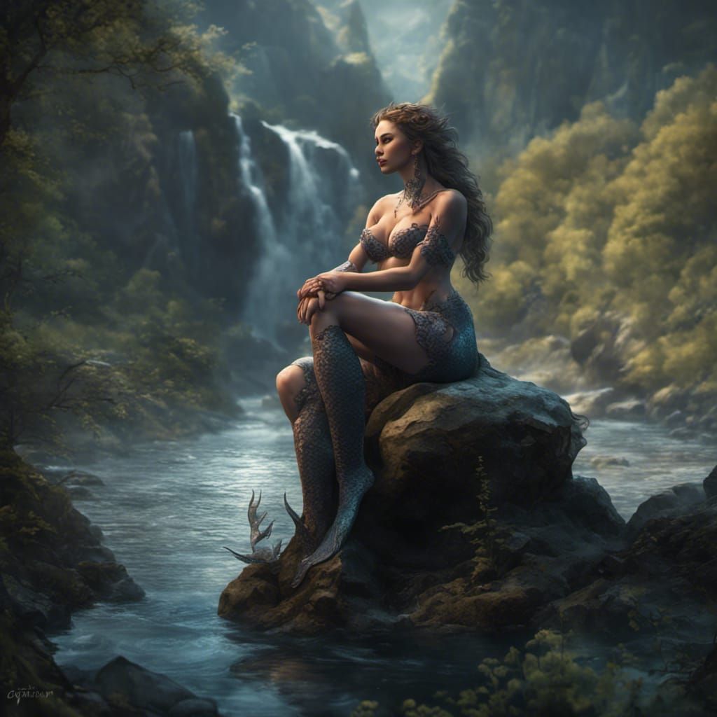 mermaid with legs sitting on a rock by the river