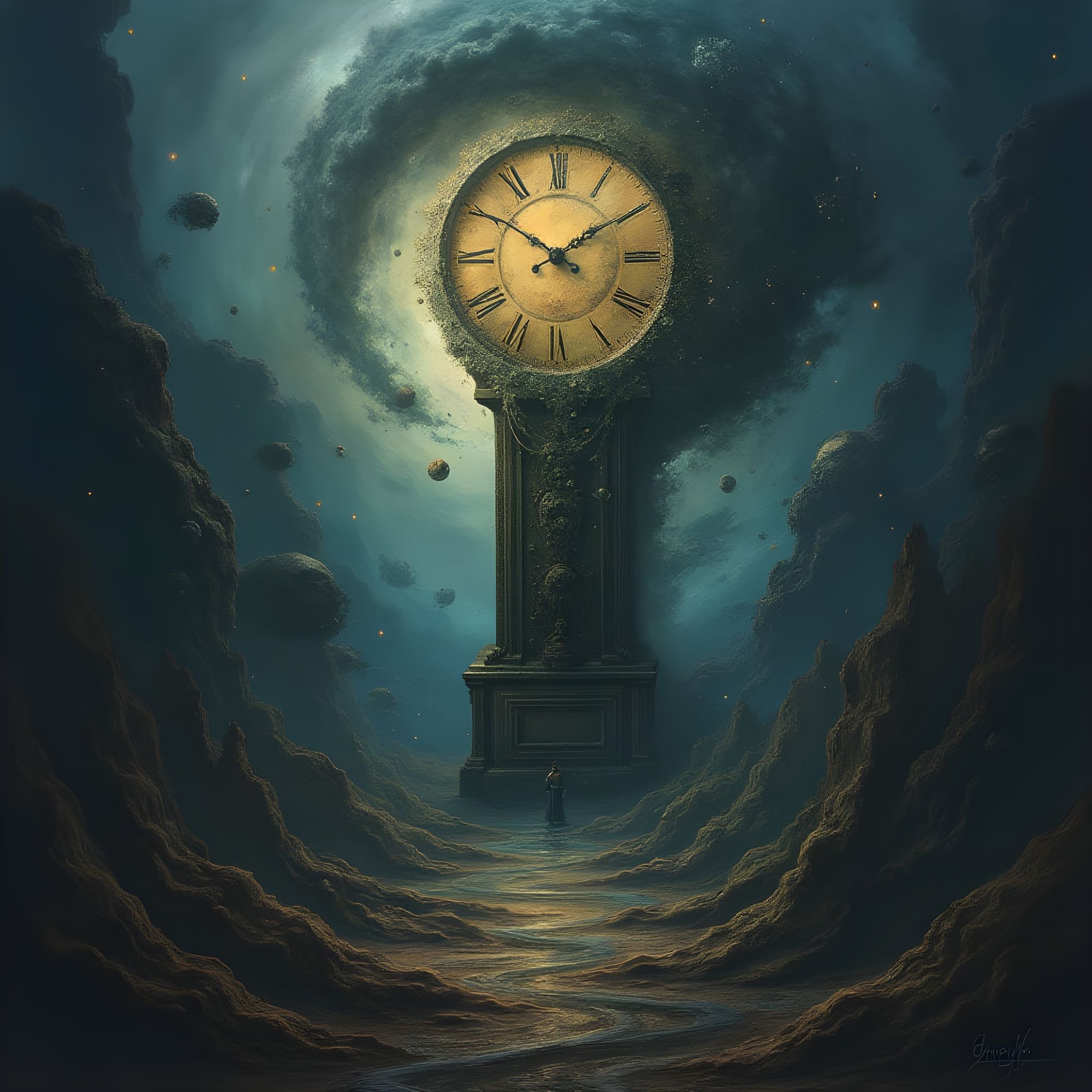 Masterpiece Monday. Surreal digital painting. A grandfather clock face melts into a swirling cosmic void, revealing impossible geometries an...
