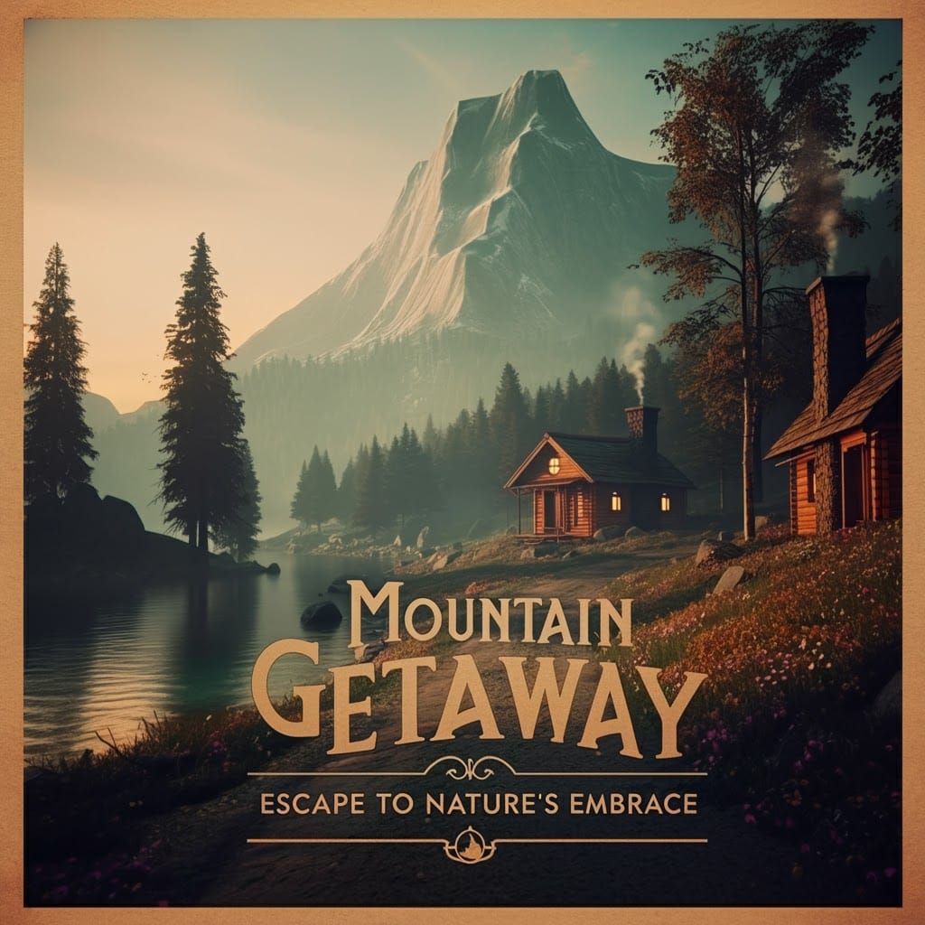 Design a vintage-inspired mountain getaway poster it should be a poster with a faded, nostalgic color ...  by @undefined