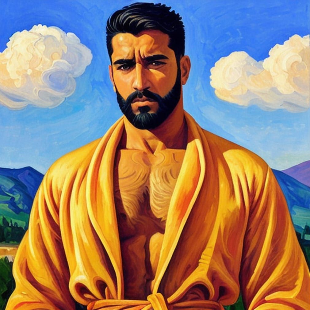 Black Beard. Yellow Bathrobe. Green Mountains. Blue Sky.