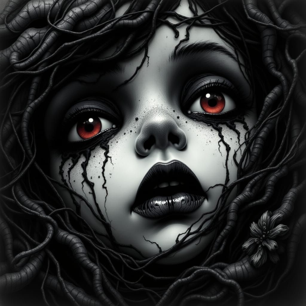 <lora:Noirscape Reverie:1.0> an extreme close-up of an anime Wickedly Goth Ceramic Doll with thick black makeup, HDR.