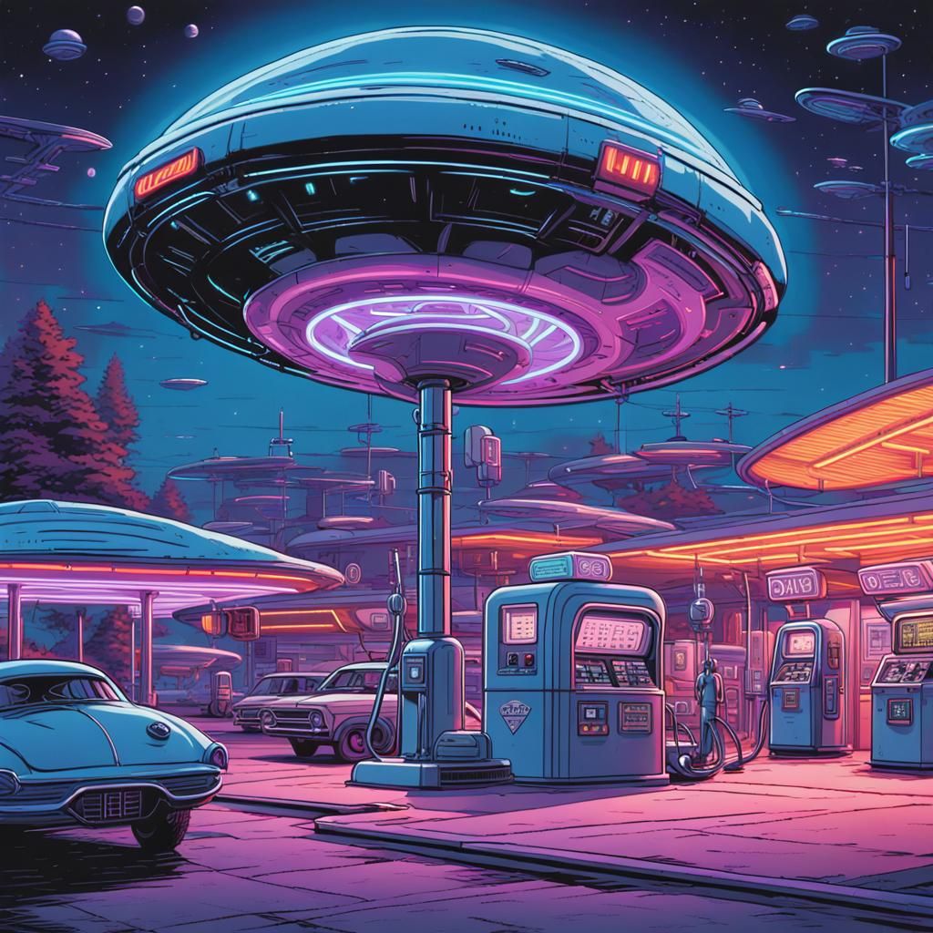 a flying saucer gas station staffed by grey alien 👽