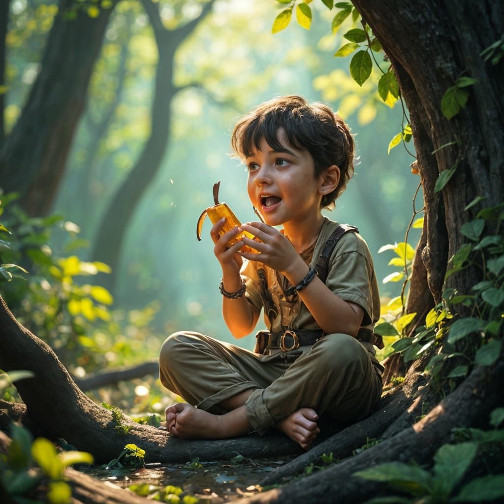 Child Eating Banana in Detailed Matte Painting Style