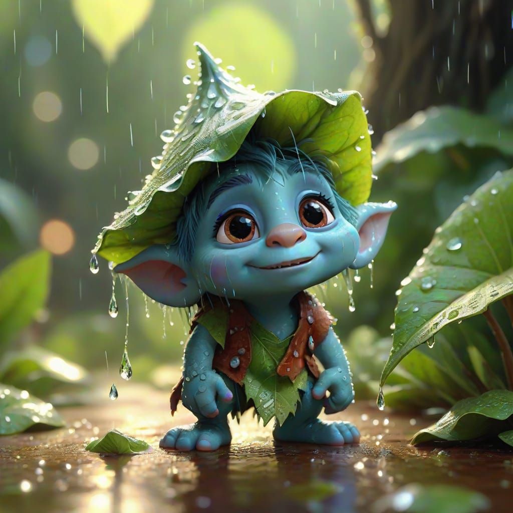 Cute funny baby troll looks at a dewdrop, sees his reflection and laughs, stands under a leaf, dressed ...  by @Russell 
