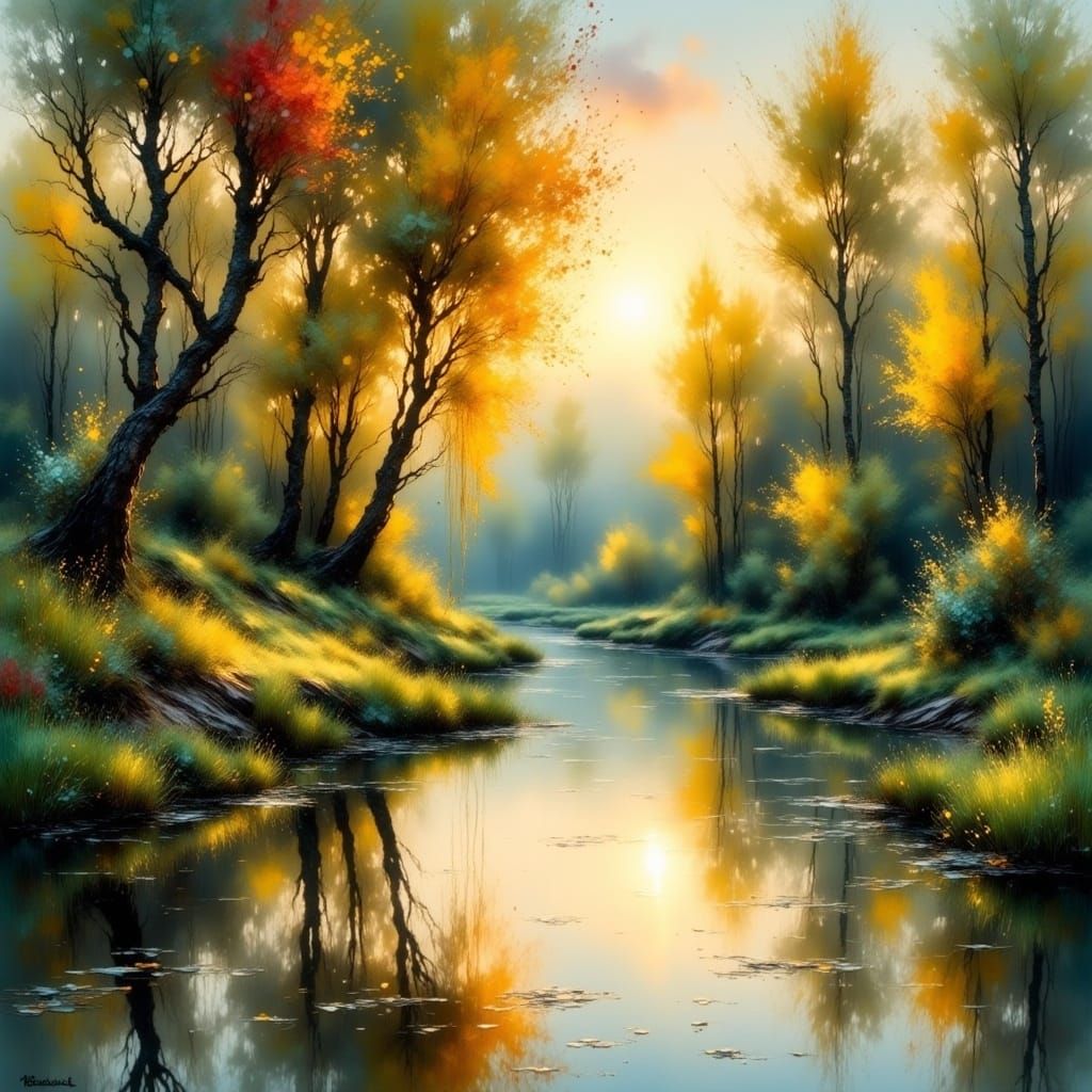 Hyper realistic oil painting. Medium shot. A serene pond surrounded by lush greenery. Atmospheric perspective. Warm golden light shines thro...