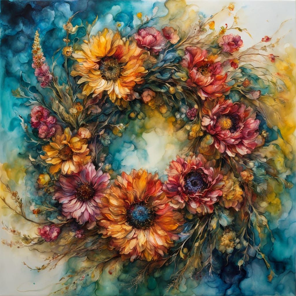 Encaustic flower wreath  by @Gokiburi